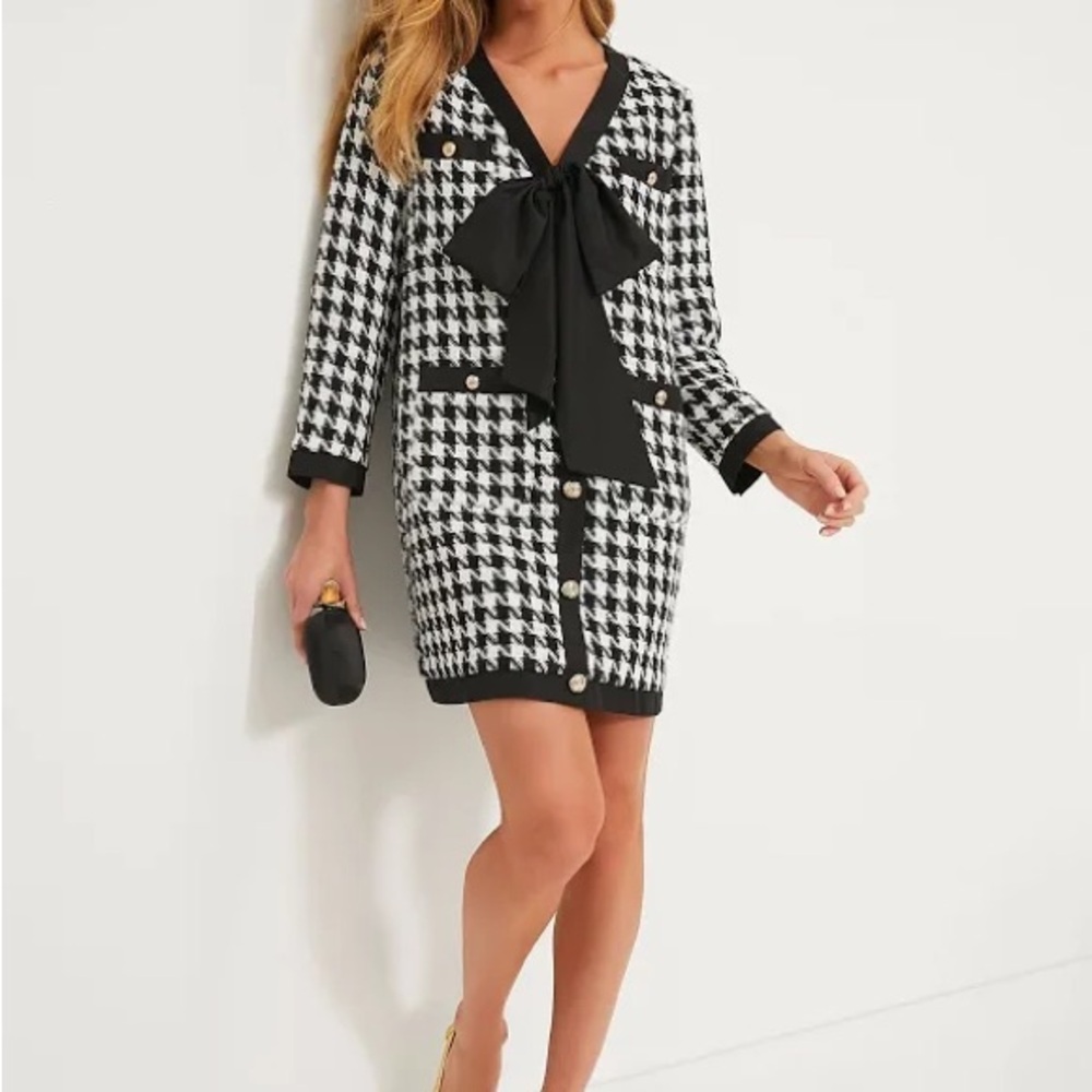Pomander Place Black and White Houndstooth Mini Dress with Bow